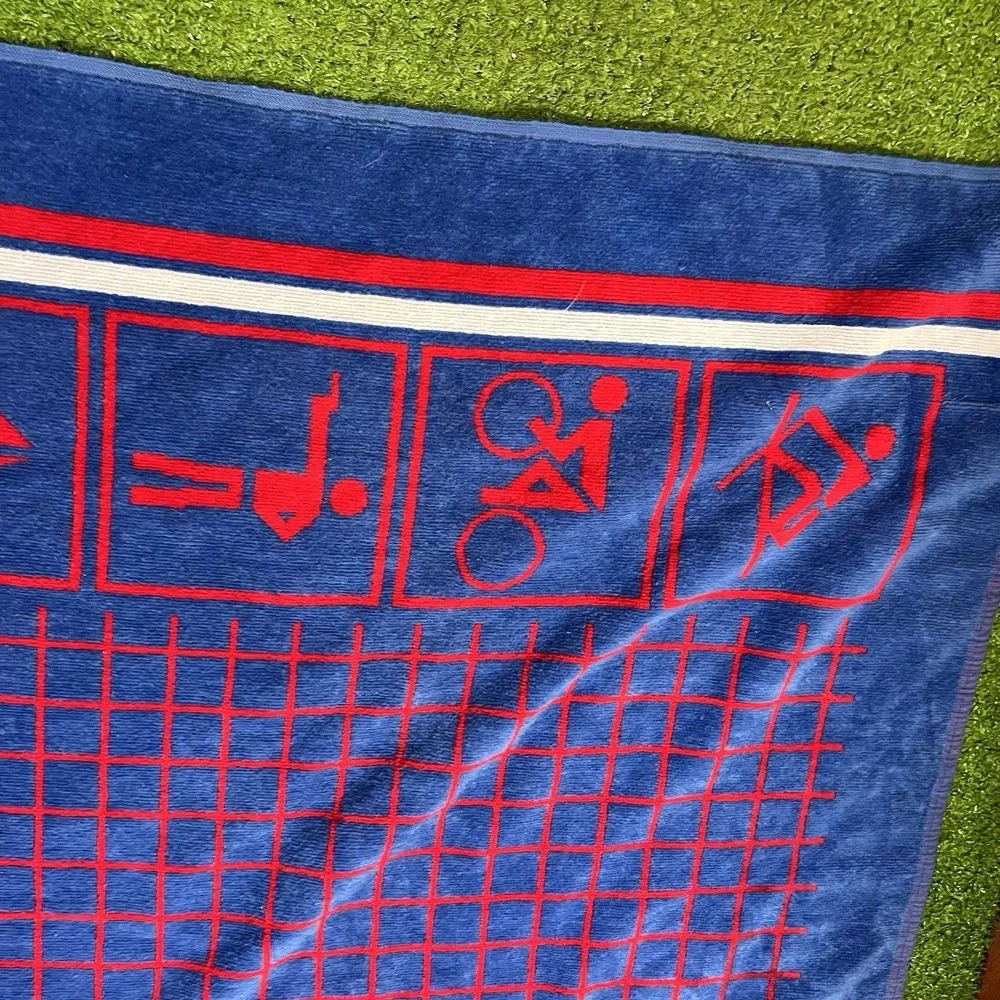 Vintage Beach Towel Red Blue Sports Theme Volleyball Soccer 27 x 56